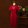 酒红色旗袍敬酒服新娘结婚连衣裙女复古气质改良中国风中长款夏季