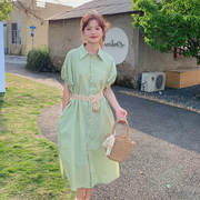 泡泡短袖浅绿色连衣裙，女夏季韩版收腰显瘦中长款衬衫裙子