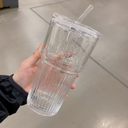 玻璃吸管杯带盖玻璃杯夏季高颜值创意大容量喝水杯，冷饮果汁杯女生