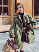 韩系复古绿色格子毛呢外套，女2023秋冬气质，加棉加厚呢子大衣