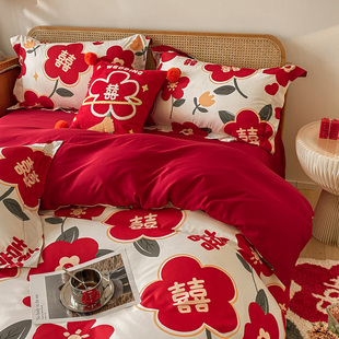 新婚庆(新婚庆)床上用品四件套大红色，双面可用被罩，结婚高档婚房陪嫁喜被套