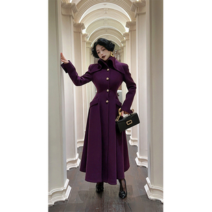 路易小姐庄园风华，中古紫色收腰垫肩气质羊毛毛呢，大衣长款外套