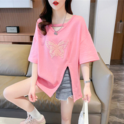 小心机v领短袖t恤女夏装2025新款韩版宽松大码中长款百搭开叉上衣
