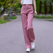 粉色裤子女春秋复古美式高腰直筒裤，显瘦裤子窄版阔腿裤休闲裤长裤