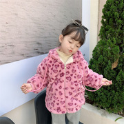 女童宝宝棉服外套2023冬季洋气儿童粉色豹纹兔毛加厚保暖棉袄