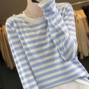小清新蓝白条纹针织衫女春季2024宽松显瘦洋气减龄小个子上衣