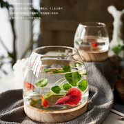 创意木托玻璃鱼缸小花瓶高级感斗鱼缸迷你鱼缸桌面微景观生态鱼缸