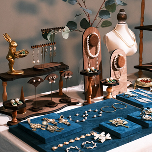 首饰展示架三层复古架绒布，戒指托盘耳环，项链架子饰品陈列拍摄道具