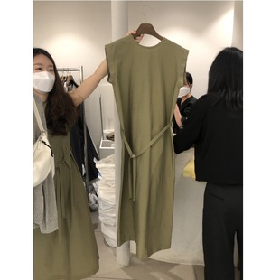 韩国东大门2024夏季纯色，系带收腰显瘦减龄气质无袖连衣裙女潮