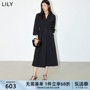 经典小黑裙系列LILY2024优雅通勤V领时尚高腰衬衫连衣裙