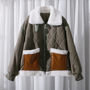 c713棉衣羊羔毛领革口袋，拼接宽松工装风中长款棉服外套0.82