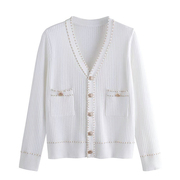 秋冬韩版女装长袖白色，宽松通勤纯色针织衫，开衫女装外搭上衣