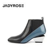 JadyRose立体方头切尔西靴拼色粗跟弹力短靴女英伦几何高跟女靴子