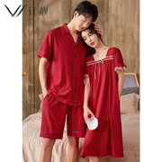 情侣红色睡衣女夏季薄款纯棉，睡裙新娘结婚家居服男士短袖大码套装
