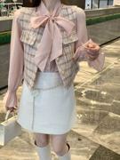 韩国ulzzang早春法式气质时尚，圆领系带雪纺，衬衫+格子马甲套装