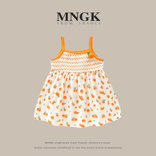 法国mngk女童纯棉连衣裙夏装，2024周岁女宝礼服，儿童吊带公主裙