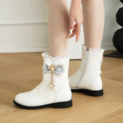 女童马丁靴春秋儿童鞋子小女孩冬靴走秀演出鞋白色高跟短靴子