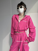 棉村美式复古粉色运动套装，女大幂幂同款休闲宽松卫衣外套两件套