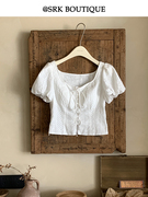 srk法式白色系带短袖衬衫女夏季设计感小众，显瘦短款上衣自带胸垫
