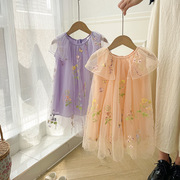夏季韩版背心高端洋气刺绣花朵，娃娃领网纱，蓬蓬公主中小女童连衣裙
