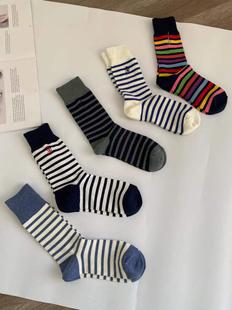 黑白条纹袜子蓝白条纹，日系简约质感潮流中长筒，撞色时尚纯棉jw刺绣