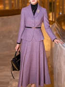 紫色职业毛呢套装女冬2023时尚气质，长袖修身西装小香风两件套