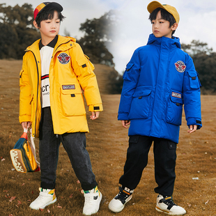 男童女童中长款韩版羽绒服，加厚蓝红黑黄色外套，大童连帽棉袄衣服冬