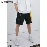 mixseven原创设计夏季休闲短裤黄绿，拼接设计感宽松水洗五分裤潮