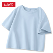 班尼路蓝色短袖t恤女夏季2024减龄短款上衣，宽松显瘦纯棉衣服