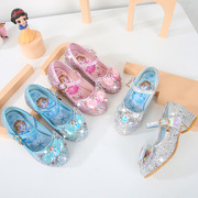 女童公主鞋2023春秋季爱莎水晶皮鞋儿童小高跟单鞋女孩银色鞋