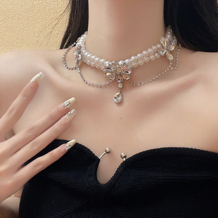 轻奢高级感水钻珍珠项链女夸张礼服水晶锁骨，链新娘脖子颈链配饰潮