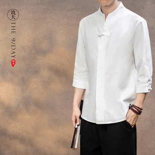 中国风男七分袖亚麻衬衫，棉麻中华立领中山衬衣，盘扣复古短袖汉服