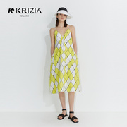 kkrizia2023黄色v领撞色菱格棋盘格，度假真丝吊带连衣裙