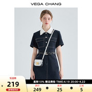 vegachang牛仔连衣裙夏季女2024年法式蕾丝，娃娃领衬衫裙子
