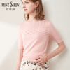 mintsiren镂空浅粉色针织衫，套头短袖冰丝，t恤短款一字领女上衣春夏
