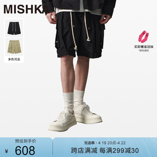 MISHKA2024春夏韩系潮流时尚休闲户外男黑色纯色工装短裤