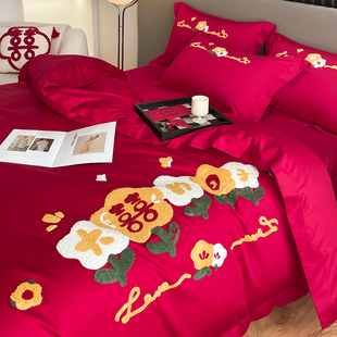 高档简约时尚新婚庆(新婚庆，)四件套纯棉红色结婚被套，全棉婚房床单床上用品