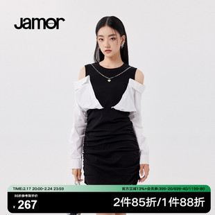 jamor撞色拼接连衣裙，女2023秋季褶皱，辣妹假两件连衣裙