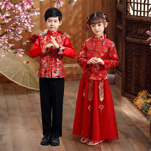 中式婚礼花童礼服绸缎面儿童秀禾服红色拜年服女童唐装男童中山装