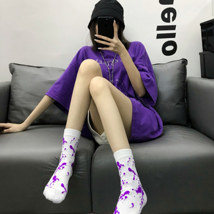 潮ins网红男女紫色泼墨中筒袜子 日系学院韩风欧美街头滑板长棉袜