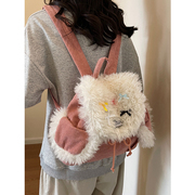 双肩包设计感小众羊羔毛大容量包包粉色通勤大学生上课毛绒书包女