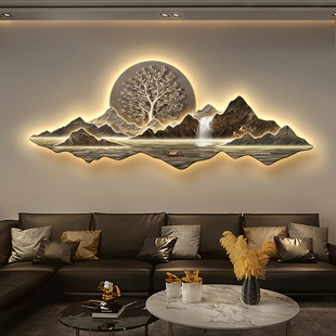 发财树客厅装饰画高级感大气背有靠山沙发背景墙挂画新中式壁灯画