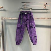 欧洲站紫色迷彩休闲工装裤，女洋气2024春季个性，潮流牛仔哈伦裤