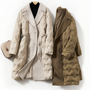 100%纯羊毛呢拼接羽绒服，女冬季西装领洋气，减龄双面呢大衣外套