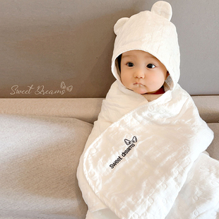 新生儿全棉6层纱布吸水宝宝，浴巾婴儿包巾，儿童带帽斗篷包被可裹