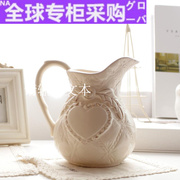 日本欧式田园风 奶白色陶瓷壶花瓶 简欧浮雕图案餐桌插花瓶 单耳
