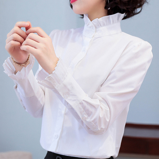 立领白色衬衫女长袖，2023韩版春秋内搭洋气雪纺，衬衣打底上衣寸