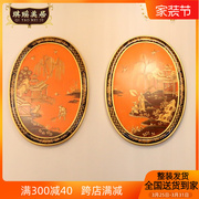 中式新古典(新古典)奢华彩绘椭圆形木版画，金箔橙色玄关装饰画别墅双联挂画