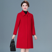 韩版双面羊绒大码大衣女士中长款方领单排扣直筒酒红色羊毛呢外套