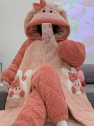 粉红兔睡袍长款加绒加厚珊瑚，绒冬季款三层，夹棉女士家居服睡衣套装